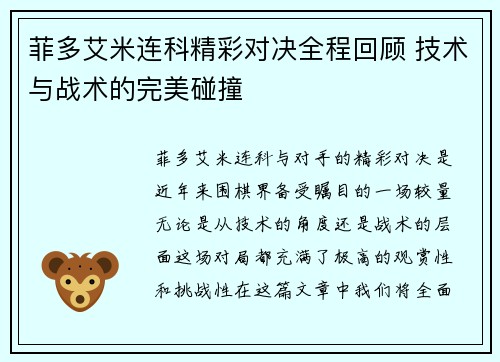 菲多艾米连科精彩对决全程回顾 技术与战术的完美碰撞