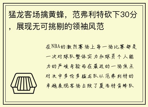 猛龙客场擒黄蜂，范弗利特砍下30分，展现无可挑剔的领袖风范